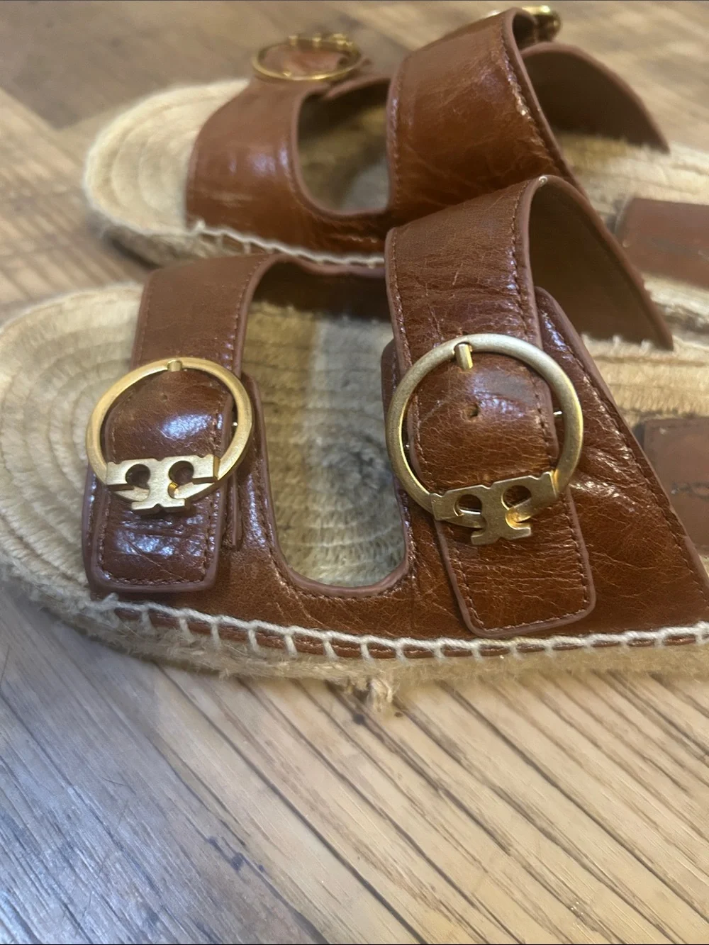 Tory Burch Tan Leather Double-Buckle Espadrille Slide Sandals